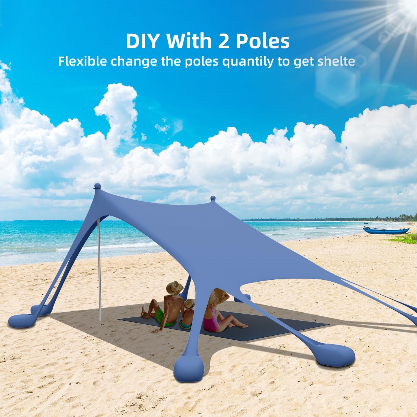 JMOREGO Beach Tent, Camping Sun Shelter with Mat, 2 Sand Shovels, 8 Sandbags, Ground Pegs & Stability Poles, UPF50+ Outdoor Shade Canopy for Camping, Fishing or Picnics (Navy Blue)