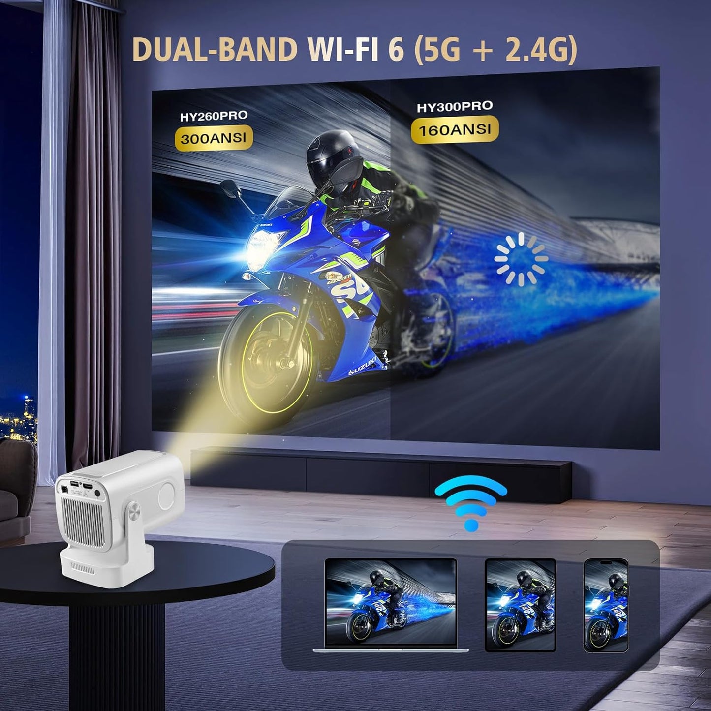 Mini Projector with WiFi and Bluetooth, Support 4K 1080P, 150 ANSI Portable Projector, Auto Keystone Correction, 40"-130" Screen Video Projector, Compatible with Smartphone,TV Stick,Laptop (HY300)