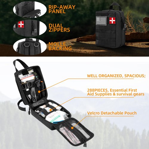Survival First Aid Kit, Molle Medical Pouch 288PCS Outdoor Emergency Survival Gear and Equipment for Hiking Camping Hunting Car Boat Home Travel and Adventures, Gift for Him Men (Black)