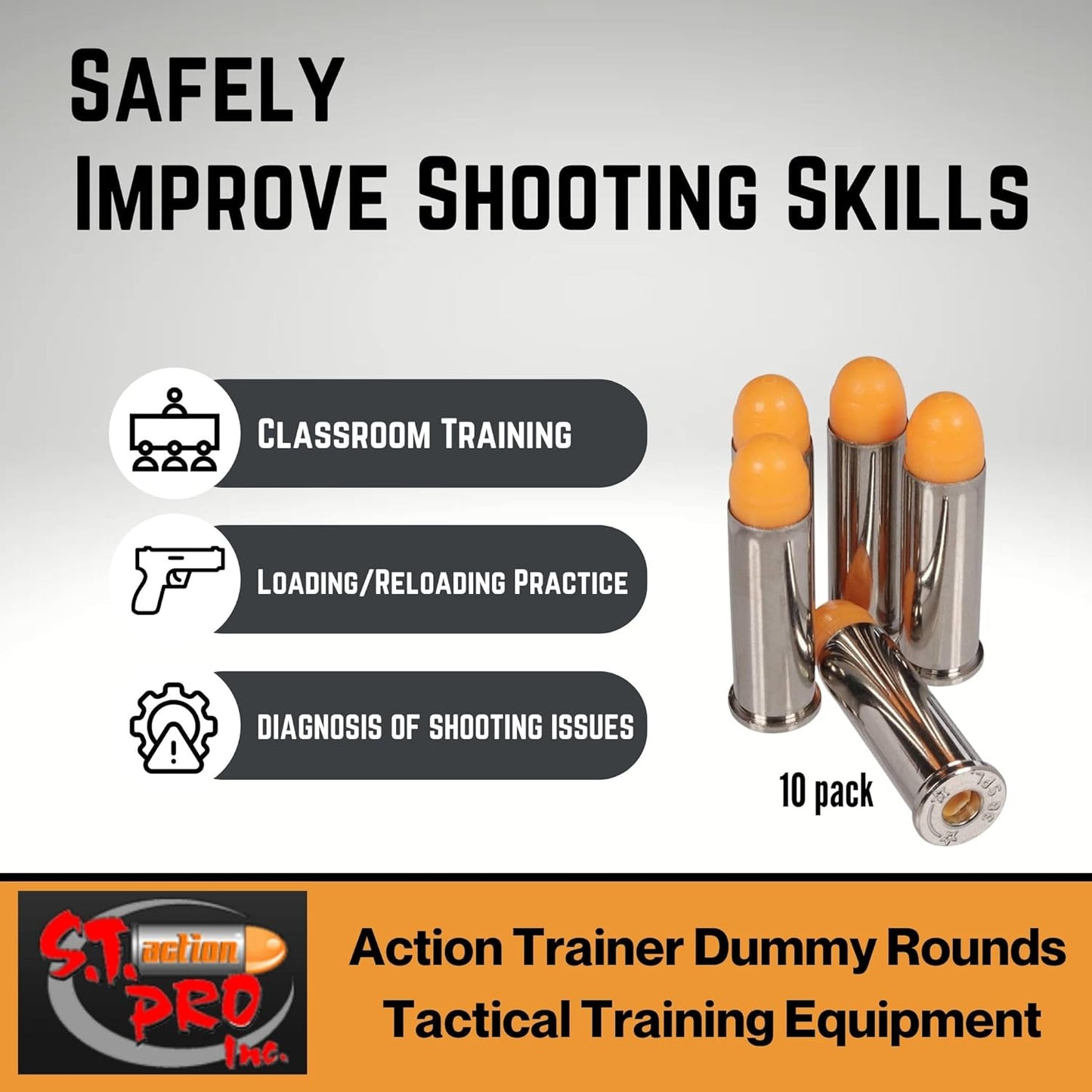 ST Action Pro Pack Of 10 Inert .38 Special Orange Safety Trainer Cartridge Dummy Ammunition Ammo Shell Rounds with Nickel Case