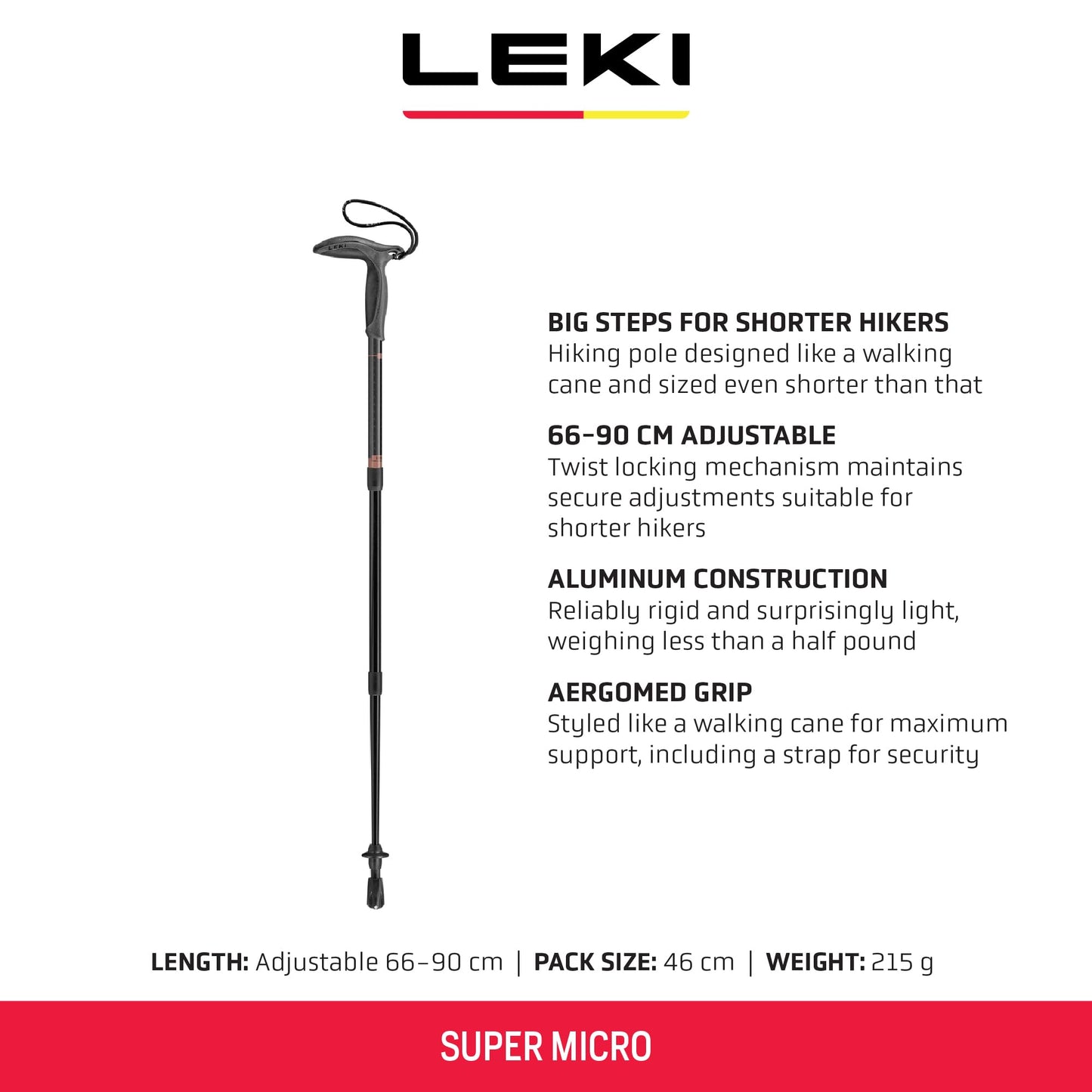 LEKI Super Micro Aluminum Adjustable Lightweight Walking Pole (Single) for Trekking & Hiking - Black-Anthracite-Copper - 90-120 cm