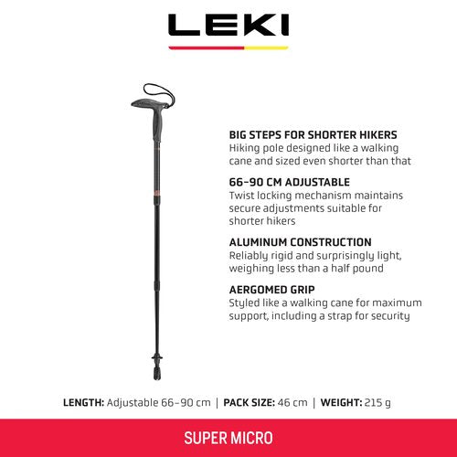 LEKI Super Micro Aluminum Adjustable Lightweight Walking Pole (Single) for Trekking & Hiking - Black-Anthracite-Copper - 90-120 cm