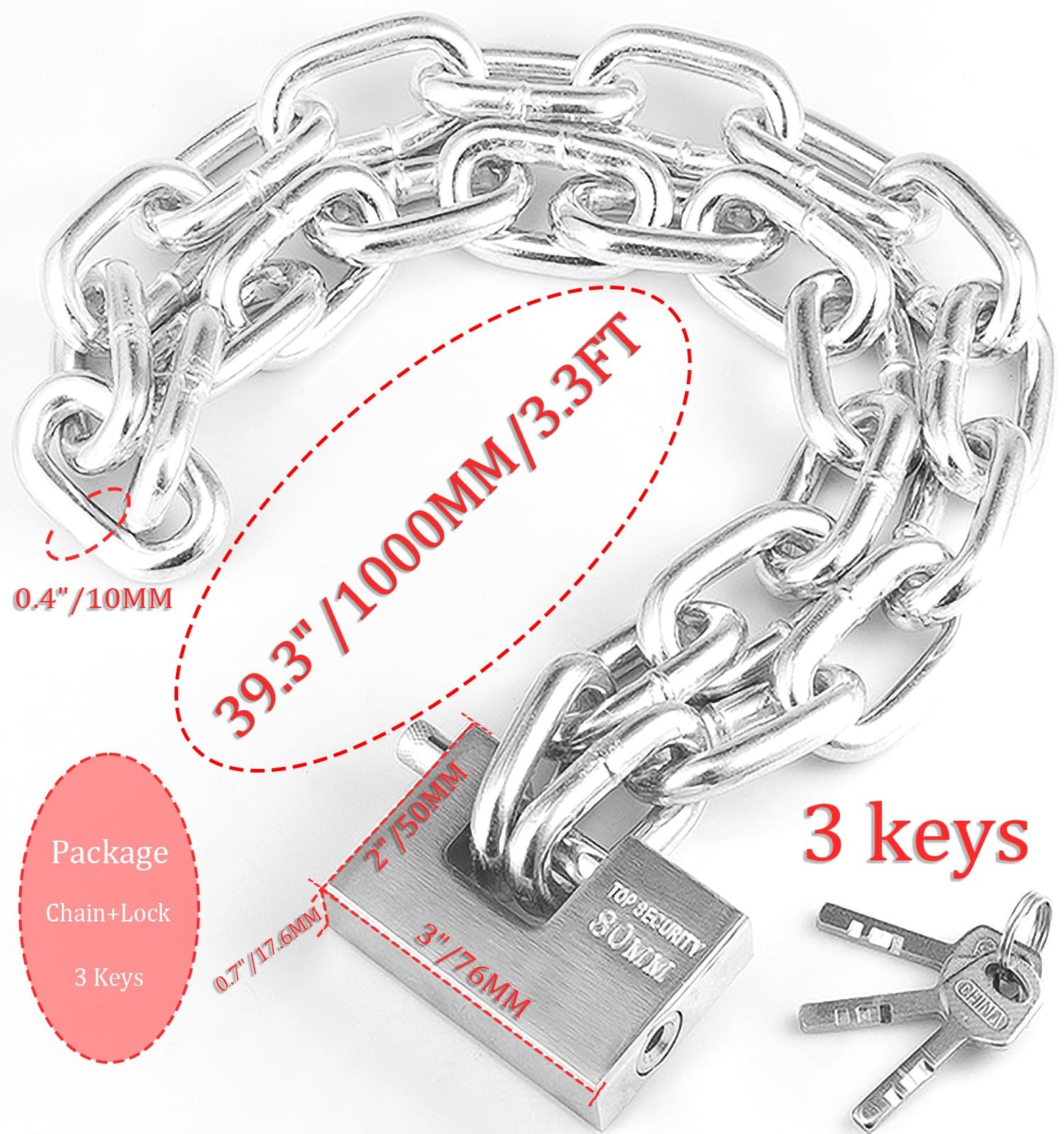 Stainless Steel Chain Lock 39.3" (100cm) 6mm Thick - Heavy Duty Anti-Theft Security Lock with 80mm Padlock & 4 Keys for Bike, Motorcycle, Scooter, Gate - Weatherproof & Rustproof