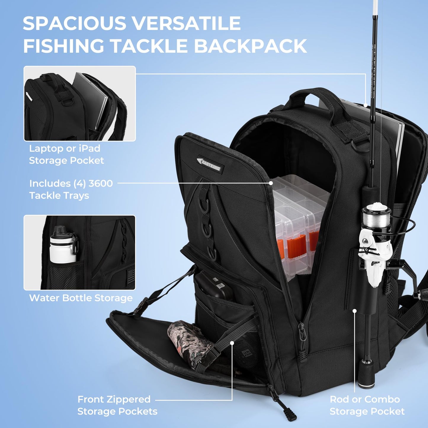 KastKing KarryAll Fishing Tackle Backpack with Rod Holder 4 Tackle Boxes,40/26L Tackle Bag Storage Fishing Gear and Equipment,Black,Medium