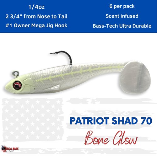 USA Bass Tackle Patriot Shad - Scent Infused Paddle Tail Swimbaits Pre Rigged Fishing Lures Premium Bait with Strong Owner Hook, Fishing Gear for Freshwater Bass Crappie Trout - Bone Glow