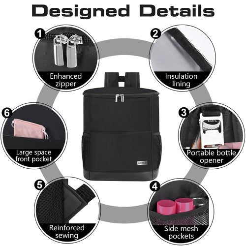 Wolka Insulated Cooler Backpack Small- Leak Proof Backpack Cooler 30 Cans, Waterproof Lightweight Cooler Bag for 12h Hot/Cold Retention - Portable Soft Cooler for Travel, Camping, Beach -Black