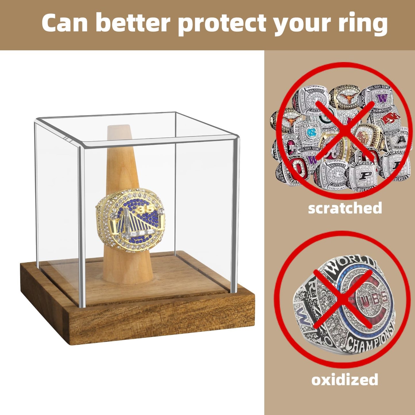 2 Pack Championship Ring Display Case Clear Acrylic Single Ring Holder with Wood Stand Base 1 Slot Ring Hole Storage for Sports Basketball Baseball Fan Souvenirs Military, UV Protection 3.94 Inch