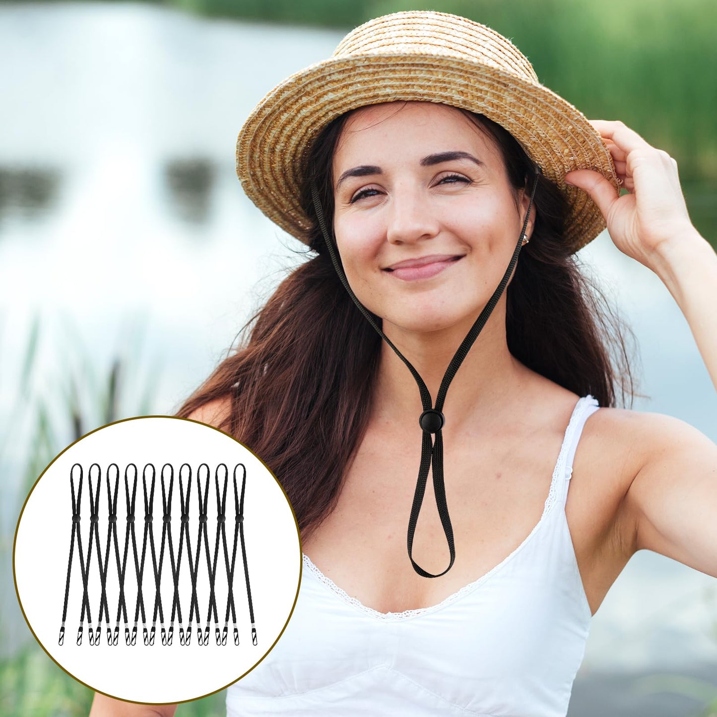 10 Pcs Removable Chin Cord Windproof Hat Strap Clips Anti-Lost Cap Strap Clips for Golfing Boating Fishing Hat Outdoor (Black)