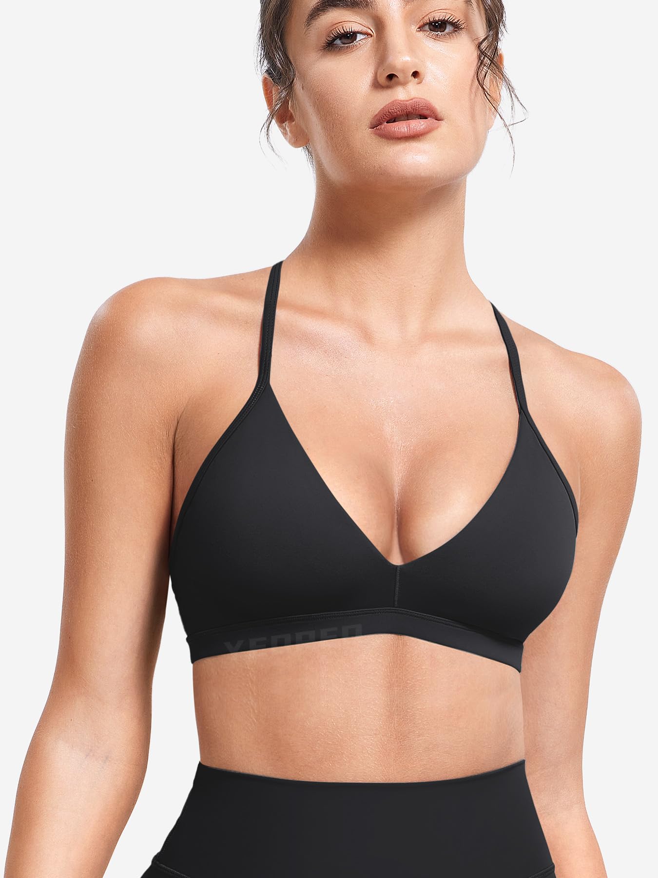 YEOREO CoreFlex Sports Bras for Women Strappy Padded Halter Open Back Light Impact Deep V Neck Yoga Workout Gym Tops Black S