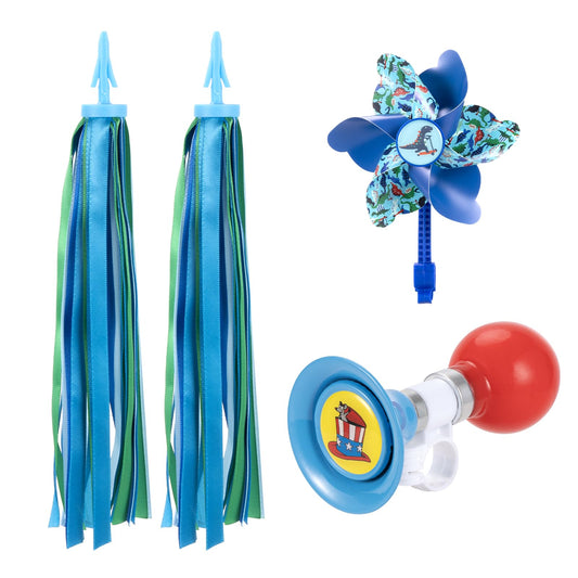 Kids Bike Horn Set, Children Bicycle Bell with 2 Pcs Bike Handle Streamers, and Windmill Kid Bike Accessories for Girls or Boy(Blue)