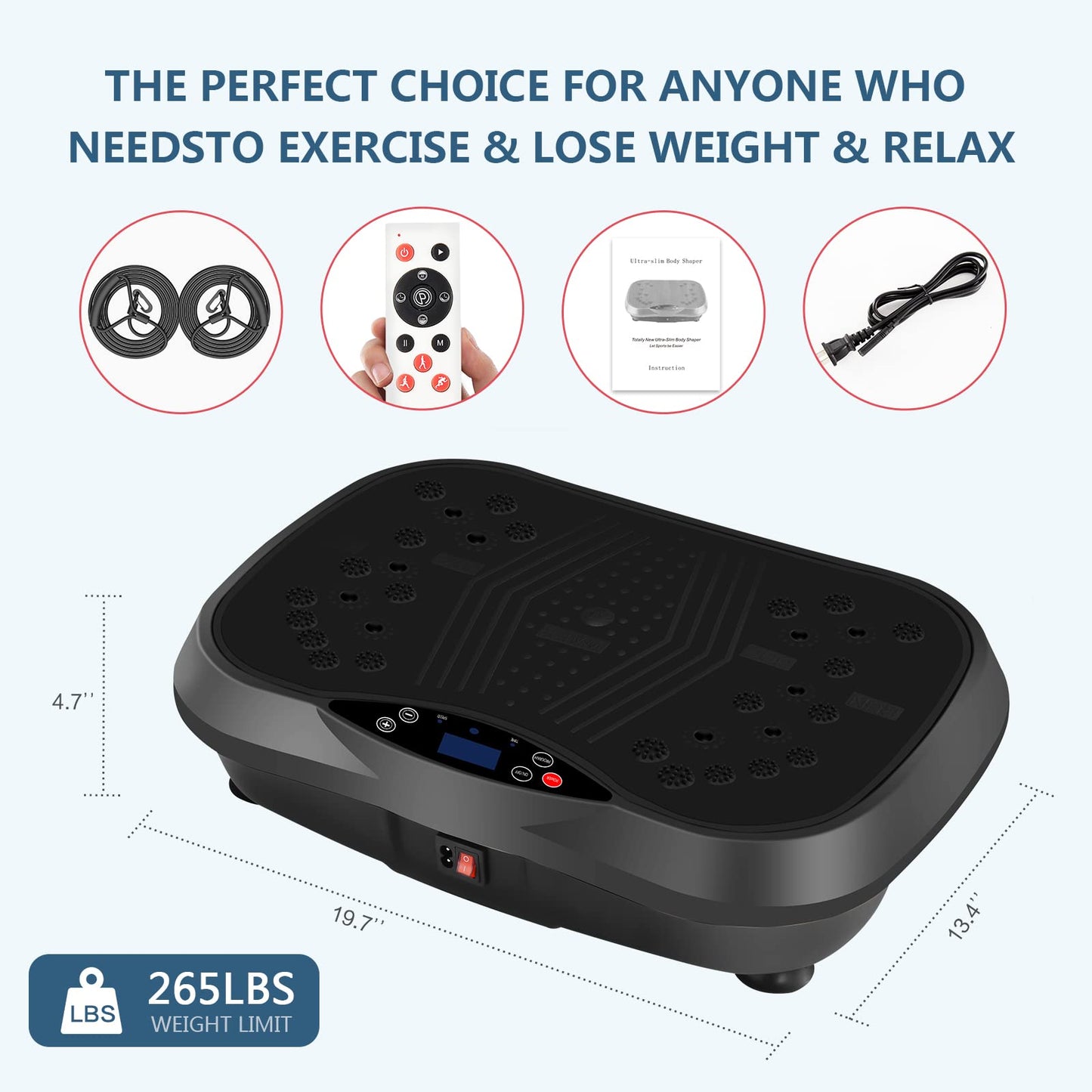 YOKELE Vibration Plate Exercise Machine - Whole Body Fitness Vibration Platform - Home Training Equipment for Recovery & Wellness & Weight Loss + Resistance Bands + Remote (Black)