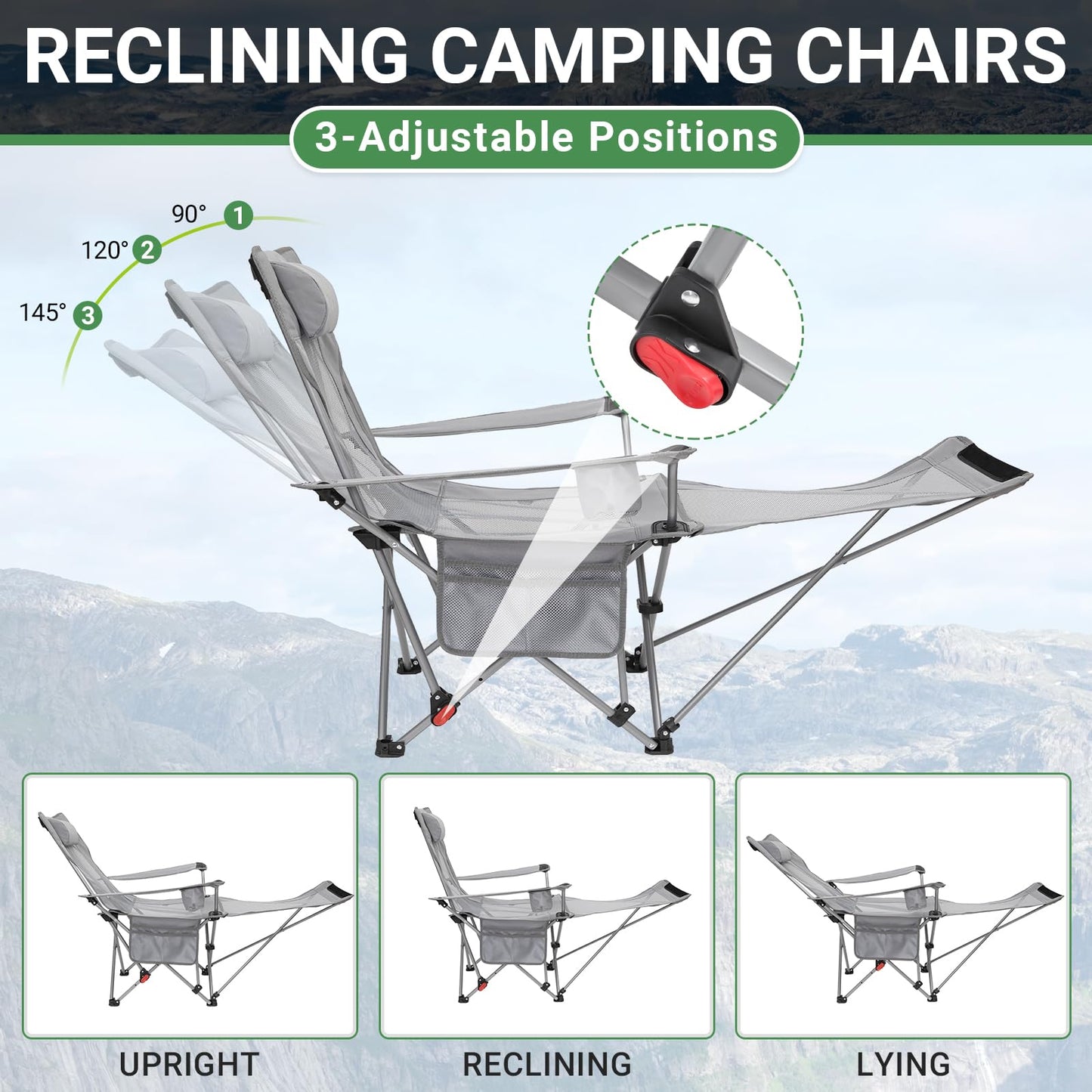 #WEJOY 2-in-1 Reclining Camping Chair, Lightweight Folding Camping Chair with Adjustable Backrest & Footrest, Camping Lounge Chair with Headrest, Cup Holder, Storage Bag, for Beach, Lawn, Concert