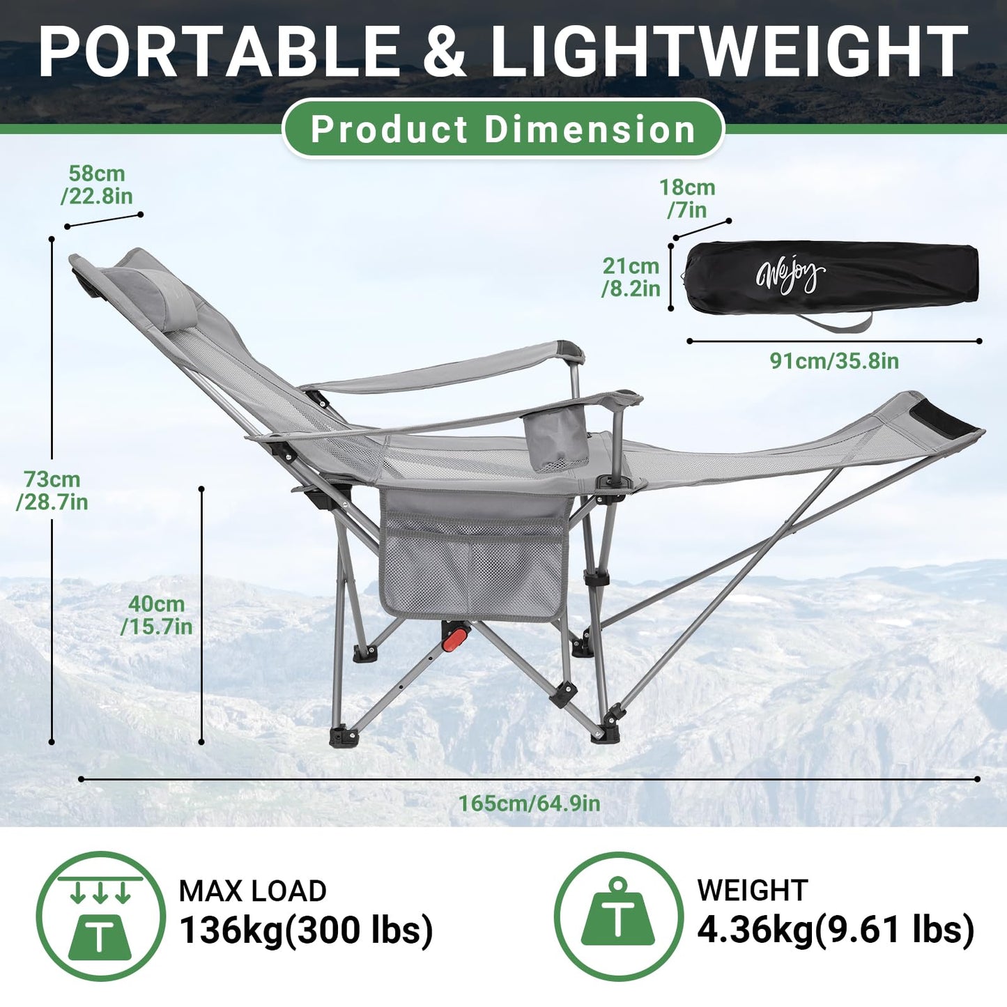 #WEJOY 2-in-1 Reclining Camping Chair, Lightweight Folding Camping Chair with Adjustable Backrest & Footrest, Camping Lounge Chair with Headrest, Cup Holder, Storage Bag, for Beach, Lawn, Concert