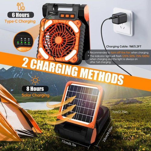 YUEMIDAMY Solar Powered Fan for Camping ,Camping Fan with Light - 10400mAh Rechargeable Battery Fan Ventilator for Tents Home & Outdoor Activities