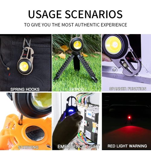 BY-J Cob Mini Flashlight Keychain Light, 500 Lumens Bright Rechargeable, Small Multi-Function Work Light, 7 Modes Portable Pocket Light Battery Display Bottle Opener for Camping Emergency Lighting