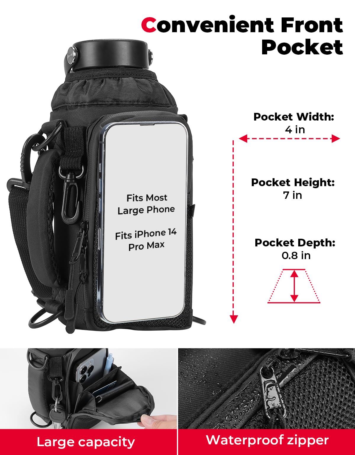 KEMIMOTO Water Bottle Holder Bag, Water Bottle Carrier with Adjustable Shoulder Strap, Water Bottle Pouch Holder for Hiking, Compatible with YETI STANLEY SLM 32 oz, 40 oz (Black-1, Elastic Band-40 oz)