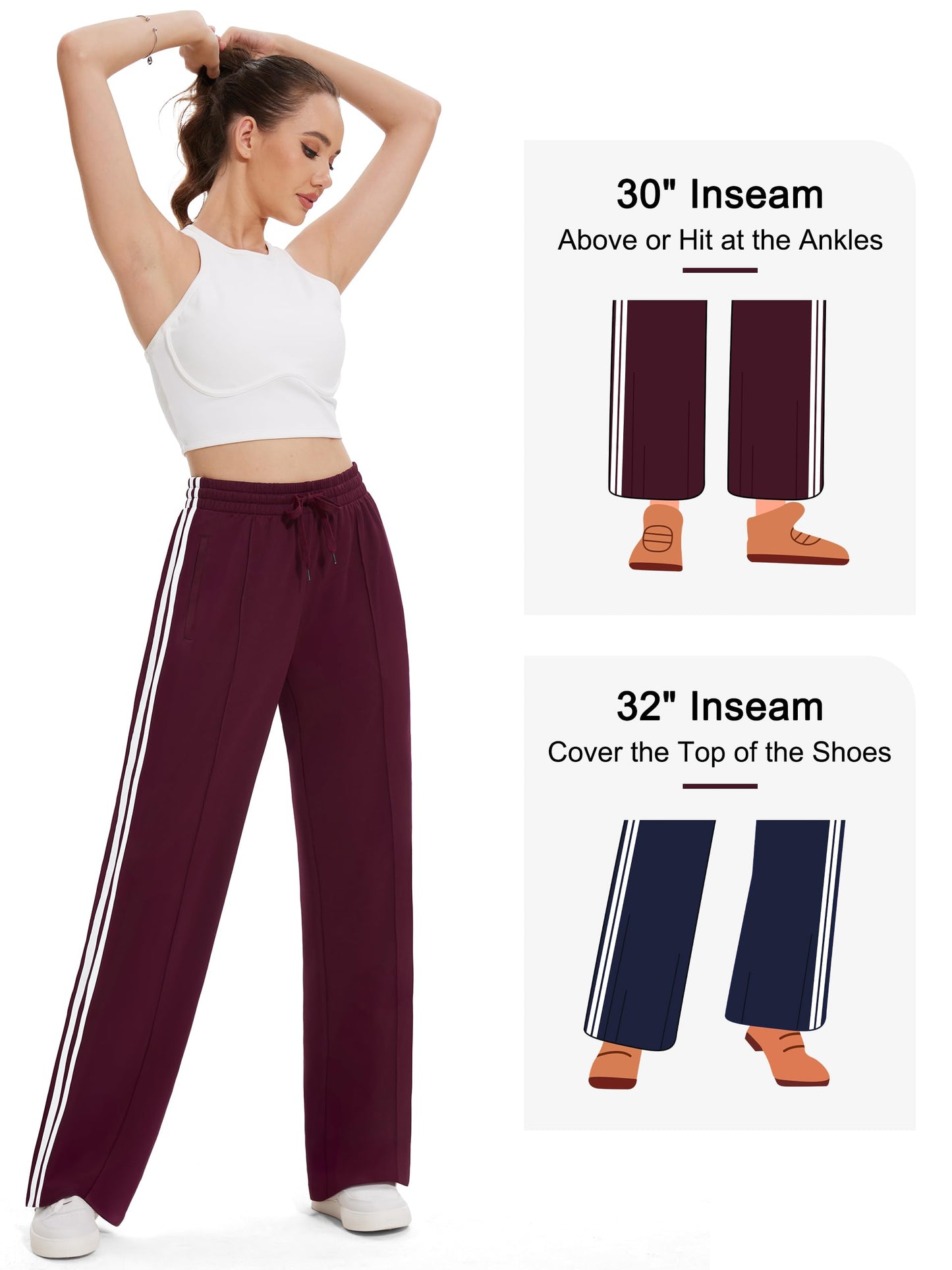 Tapata Extra Tall Woman 36" Inseam Stripes Sweat Pant High Waisted Drawstring Gym Exercise Lounge Joggers, Burgundy, XL