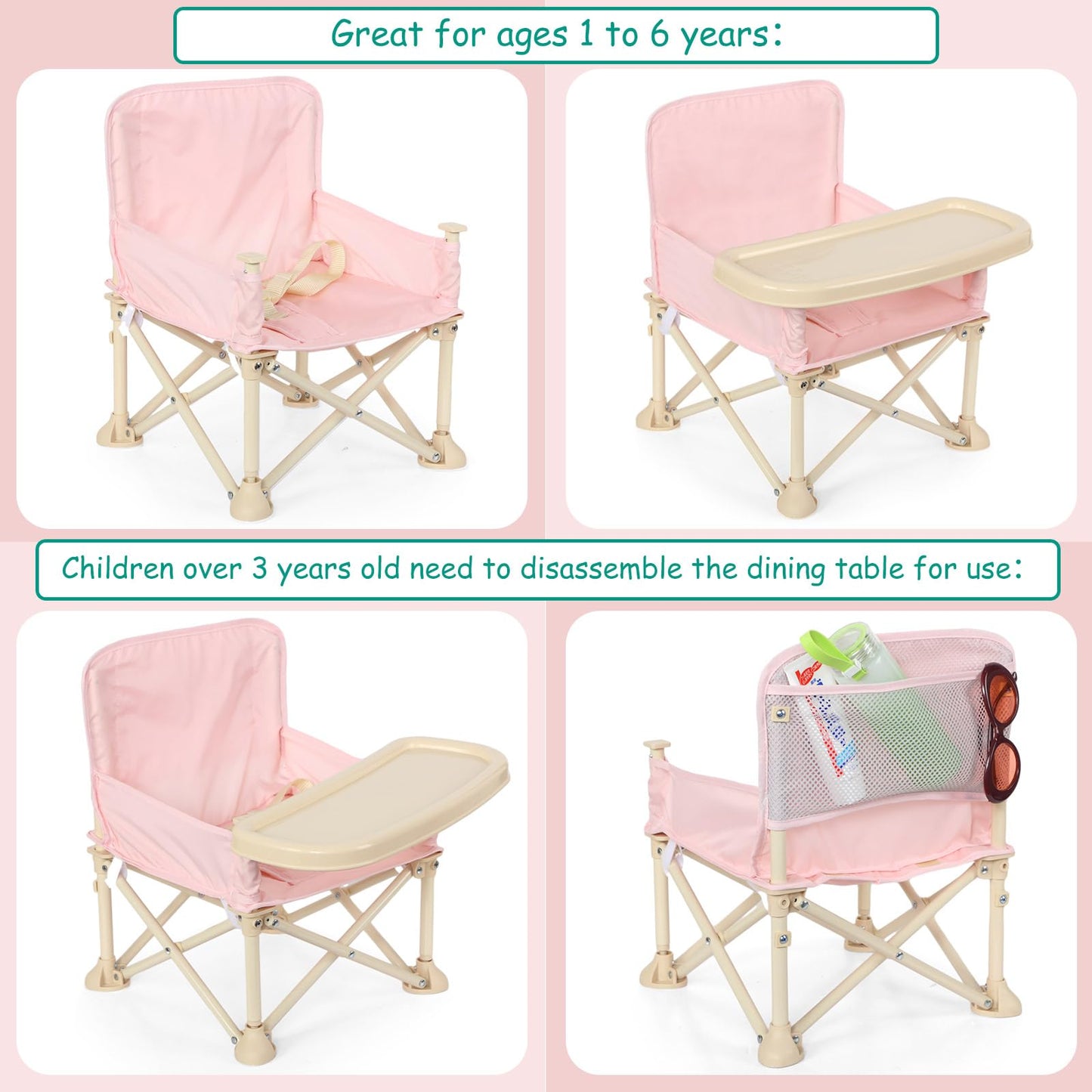 Suzile Outdoor Beach Chair with Umbrella Travel Booster Seat with Tray Compact Folding Chair Portable Booster Chair with Storage Bag, Backrest Pocket for Dining Table, Camping (Baby Pink)
