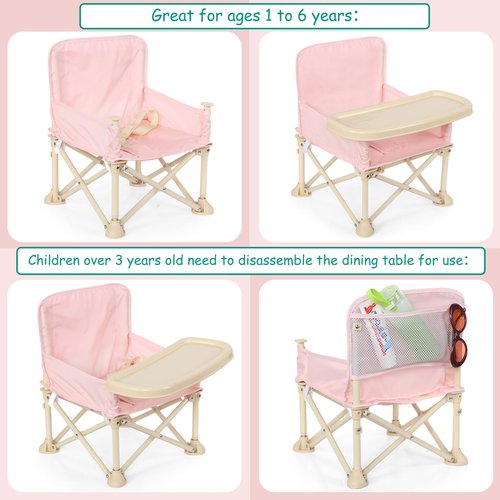 Suzile Outdoor Beach Chair with Umbrella Travel Booster Seat with Tray Compact Folding Chair Portable Booster Chair with Storage Bag, Backrest Pocket for Dining Table, Camping (Baby Pink)