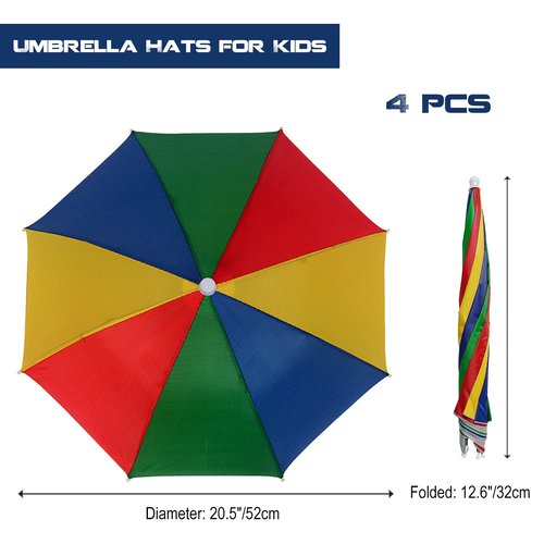 MUFEKUM 4 Pack Rainbow Umbrella Hats, 20.5in Hands-Free Kids' Head Umbrellas, Folding Waterproof Umbrella Caps for Outdoor Party, Fishing, Sun, Rain, Beach, Golf, Hiking