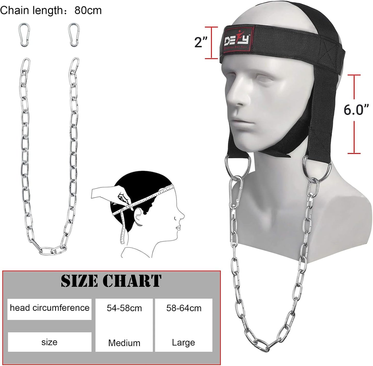 DEFY Neck Harness, Weight Lifting Neck Exerciser - Workout Equipment for Head, Neck Strengthener for Gym Training – Head Exercise for Men Women - Nylon Adjustable Straps with Metal Chain (Black)