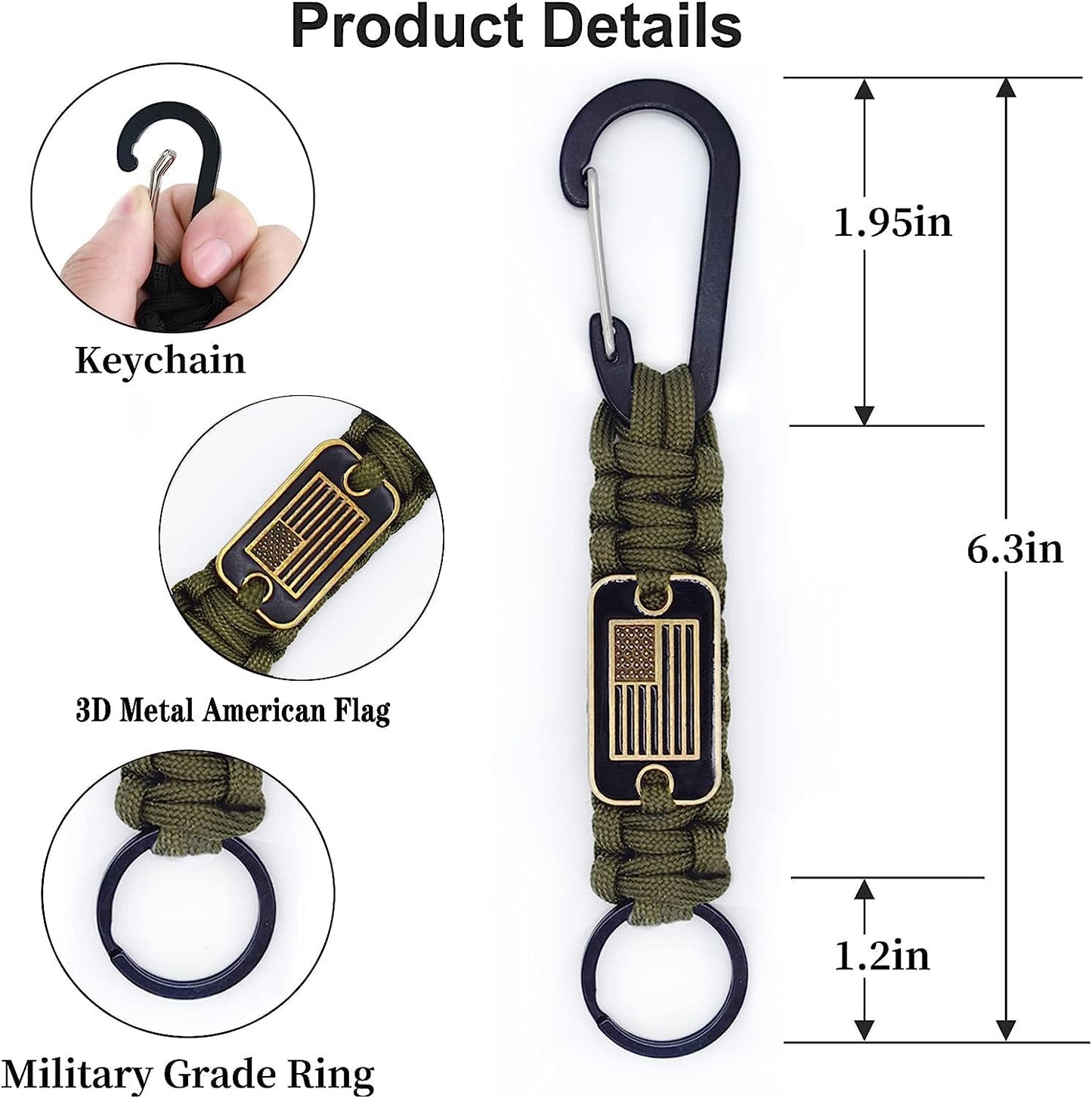 2Pcs Heavy Duty Braided Paracord Lanyard Keychain for Men Women with USA Flag, Parachute Rope Necklace Keychains, Braided Strong Lanyard for Traveling ID Badges Camera Whistle (Army Green)