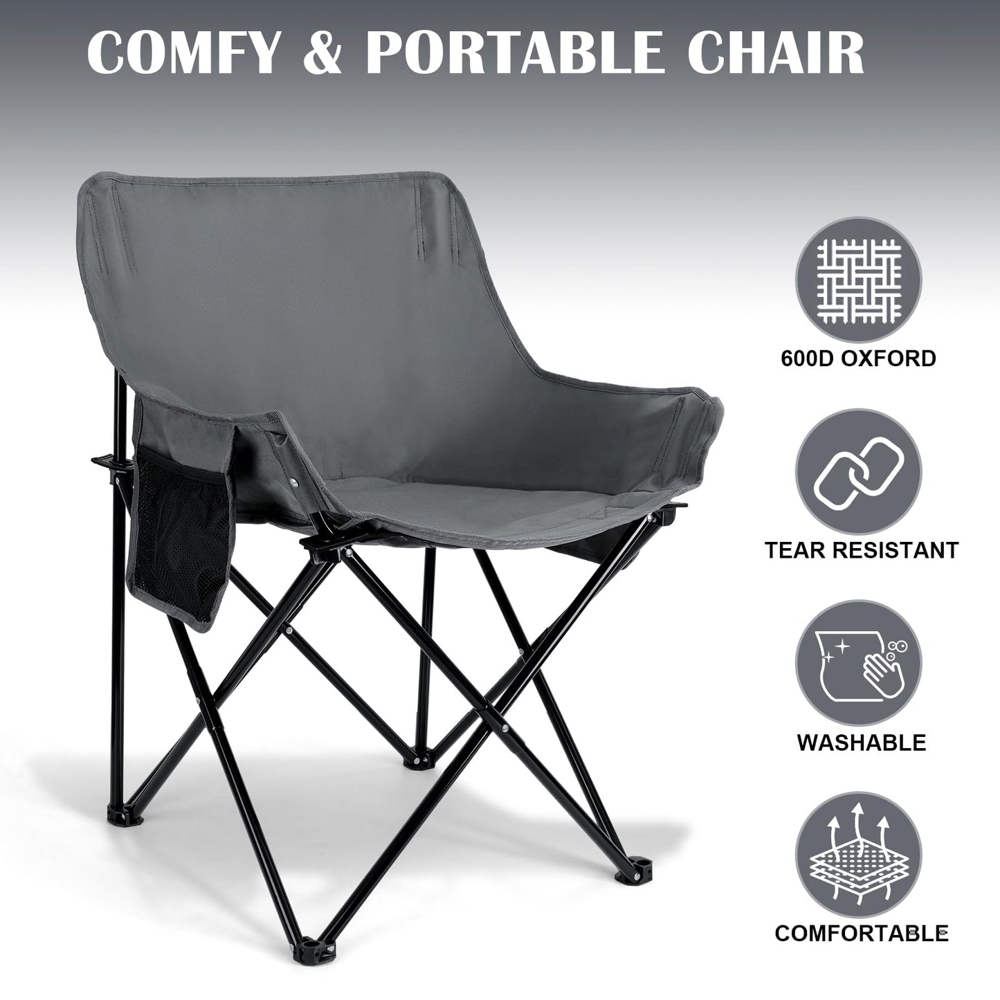 Leonyo Camping Chair, Oversized Folding Camping Chair, Heavy Duty Portable Moon Chair with Carry Bags, Outdoor & Lawn Chairs for Outside Camping, Fishing, Travel, Beach and Sports (Grey)