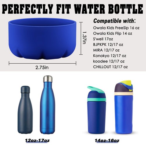 VIKIZUES Silicone Boot Compatible with Owala Kids Water Bottle 14/16 oz & S'well 17oz Water Bottle and More 12/17 oz Stainless Steel Water Bottles, Anti-Slip Bottom Protector Sleeve (Blue)