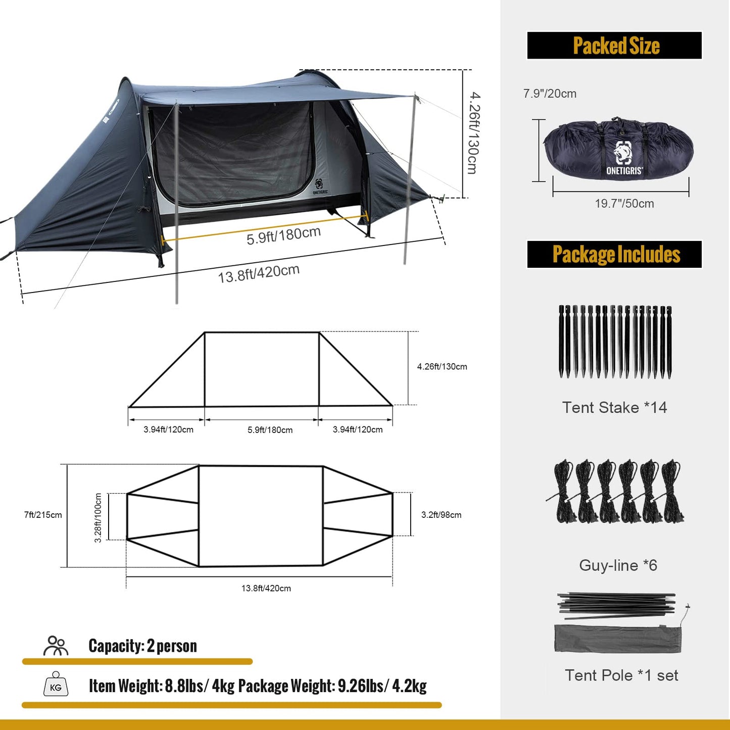 OneTigris COMETA Camping Tent, Detachable Inner Mesh Tent & Portable Carry Bag Included, Easy Setup, Waterproof Windproof Tunnel Tent for Outdoors Camping Canoeing Beach Travel Picnic (Black)