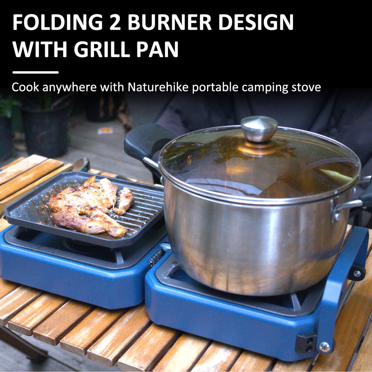 2 Burner Propane Camping Stove with Grill - CloudHand Foldable Camp Stove with 16,000 BTU, Two Adjustable Burners with Piezo Ignition & Easy Carrying Handle (Blue) (Large)