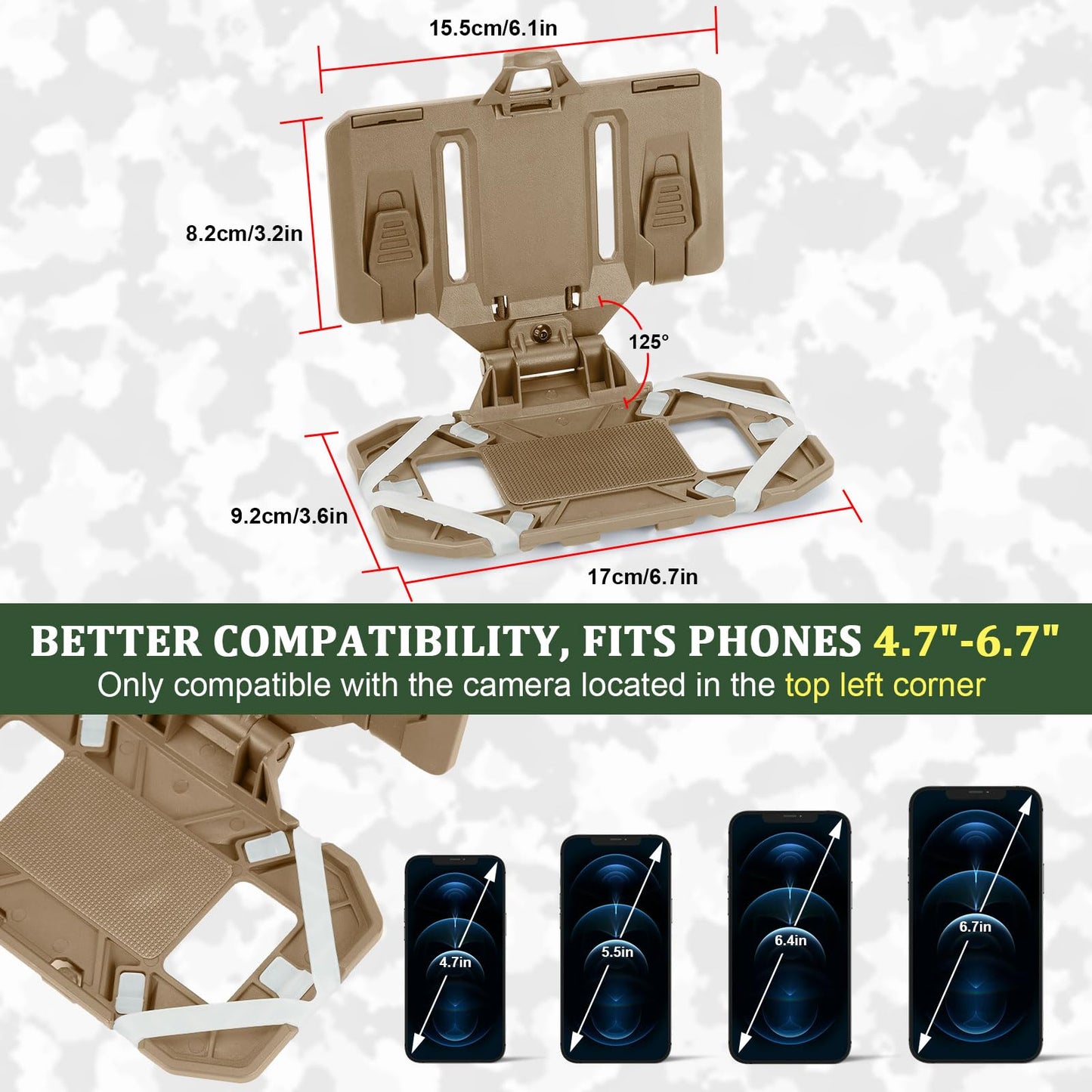 AGPTEK Universal Molle Tactical Phone Holder - Chest Mount for Tactical Vests and Plate Carriers, Phone Mount Fits 4.7"-6.7" Cell Phones, Ideal for Outdoor Paintball, Airsoft, and Hunting(Tan)
