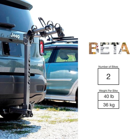 KUAT Beta Hitch-Mounted Bike Rack | Hanging-Style Durable Lightweight Aluminum Powder Coated Folding Tilting-Down Gray Bicycle Car Truck Transportation Hauling Rack | 2 Bike Capacity