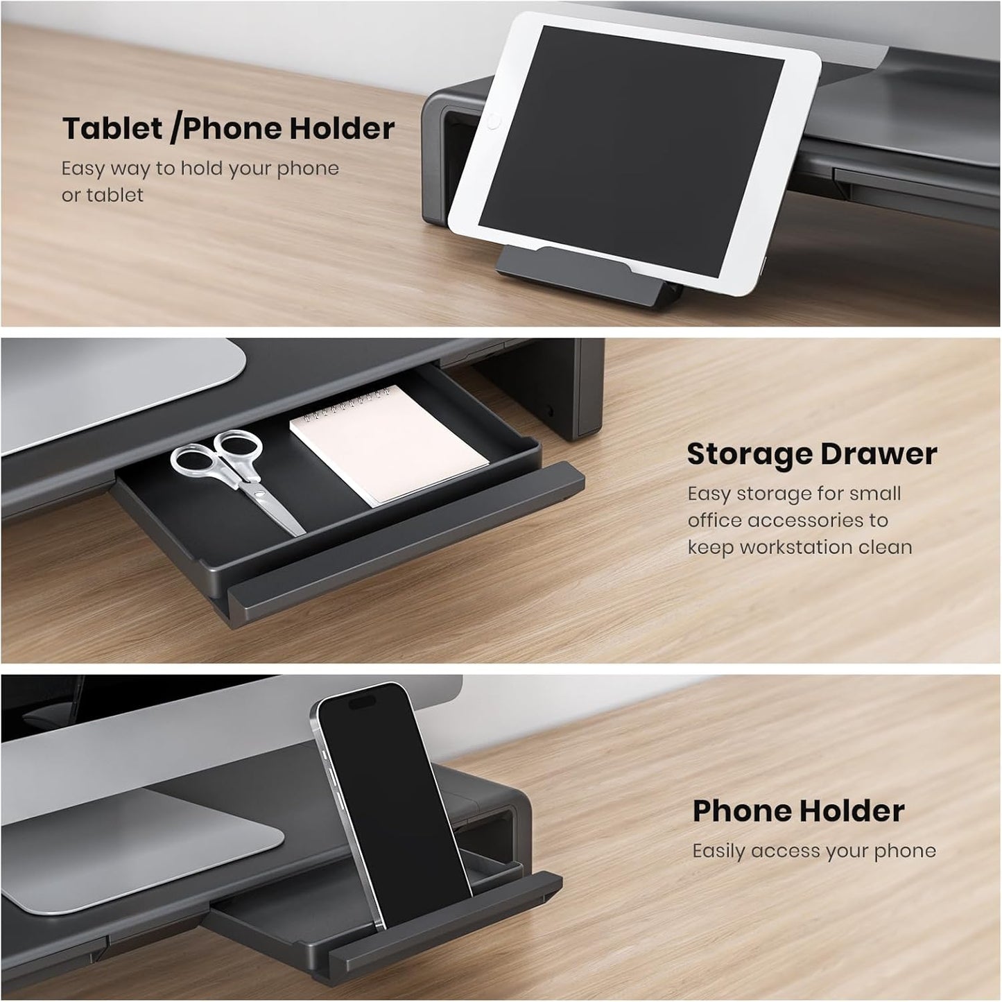 Monitor Stand Riser, Klearlook Foldable, Height Adjustable Computer Stand, Desk Shelf Riser with Storage Drawer &Tablet Phone Stand for Desktop, Laptop (White)
