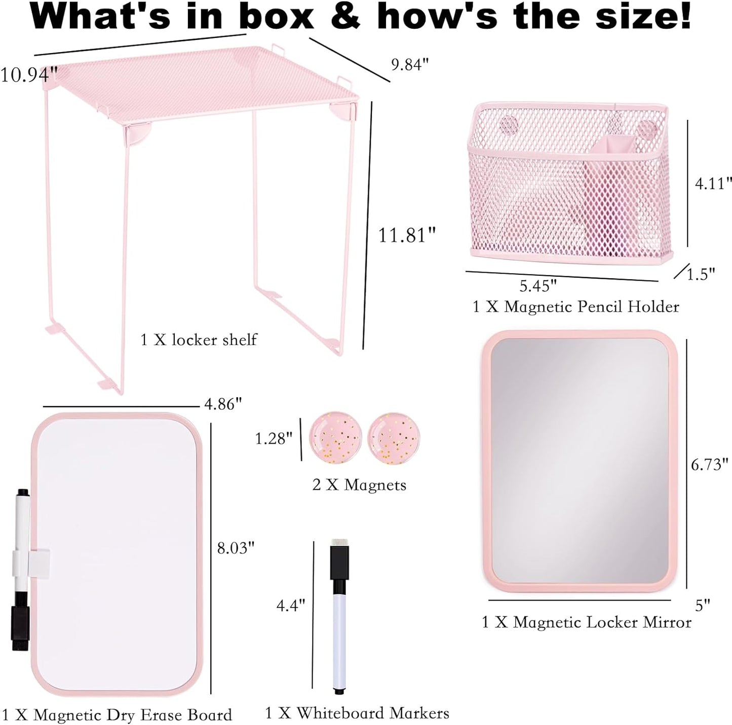 Pink Locker Accessories with Locker Shelf, Magnetic Mirror, Magnetic Pen Holder, Magnetic Small Whiteboard, Back to School Essentials Locker Decorations, 7 Piece Locker Organizer for Work