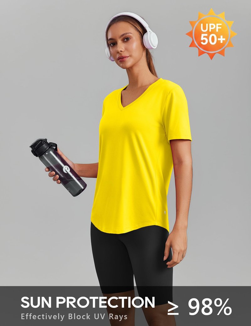 PINSPARK Womens Hiking Shirts Short Sleeve V Neck UPF 50 Sun Protection Moisture Wicking Quick Dry Outdoor Athletic Tops,Yellow XX-Large