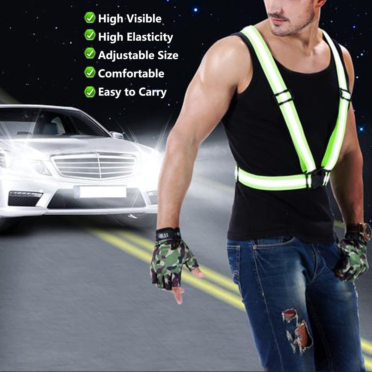 2Pack Reflective Vest Running Gear, Safety VES Adjustable High Visibility for Night Cycling, Highking, Dog Walking, Jogging (Green+Green)