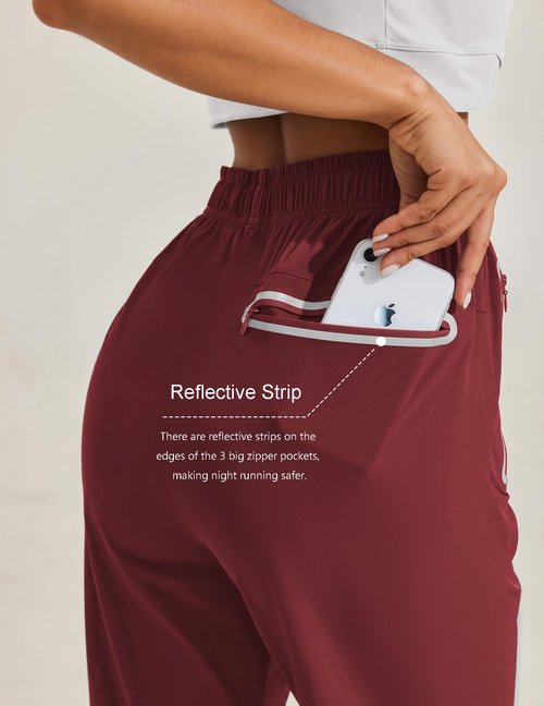 PINSPARK Lady Joggers Pants Athletic Running Jogging Pants Quick Dry Zipper Pockets Sports Hiking Pants with Reflective Strip Dark Red XS