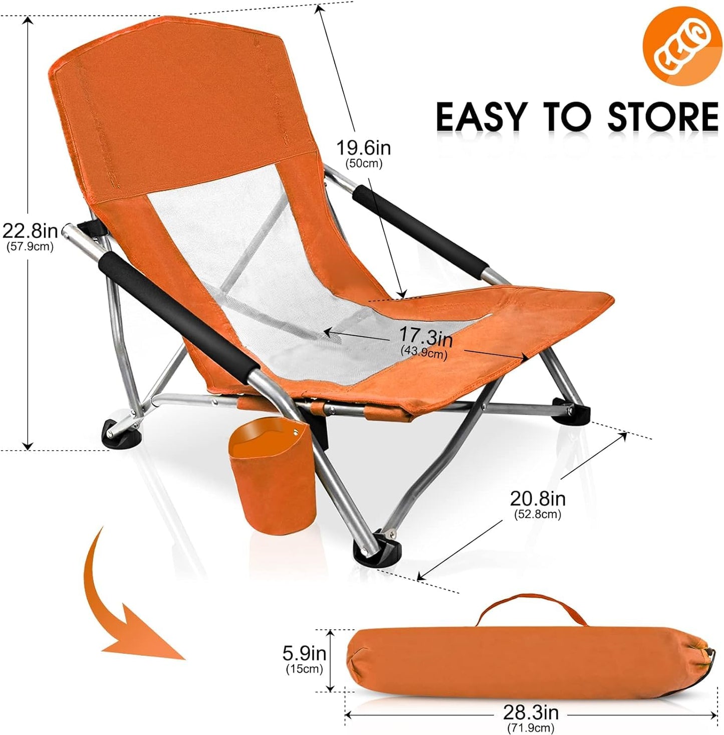 CAMP SOLUTIONS Camp Folding Beach Chair for Adults 2 Pack Chairs with Cup Holder Pocket Headrest Carry Bag for Outdoor, Beach, Camping, Lawn, Music Festival (Orange)