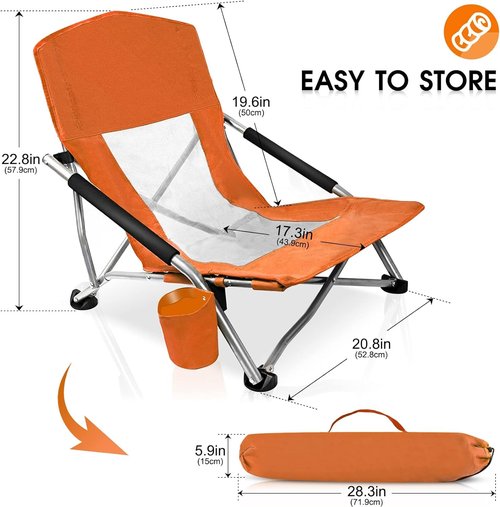CAMP SOLUTIONS Camp Folding Beach Chair for Adults 2 Pack Chairs with Cup Holder Pocket Headrest Carry Bag for Outdoor, Beach, Camping, Lawn, Music Festival (Orange)