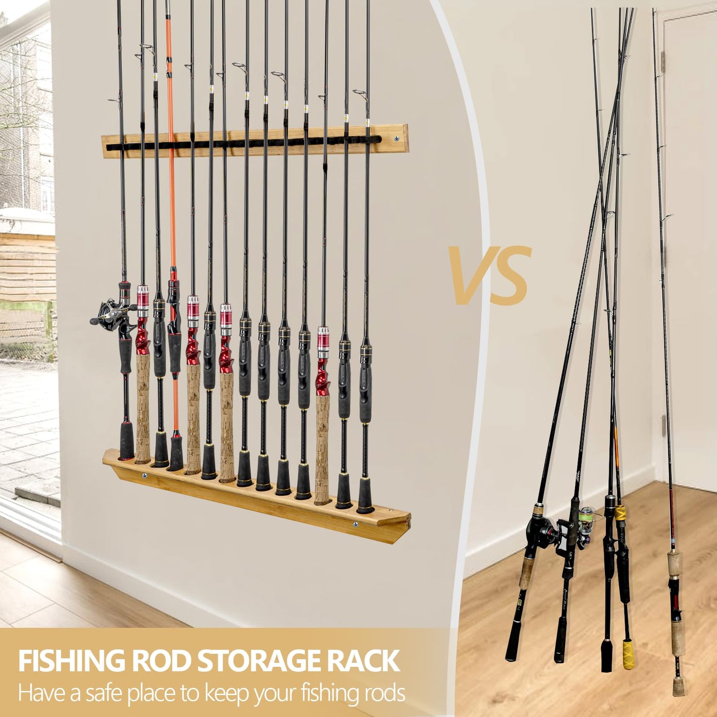THKFISH Fishing Rod Racks Fishing Rod Holders for Garage Wood Fishing Pole Wall Rack Store 14 Fishing Rod Combos,1 Pair