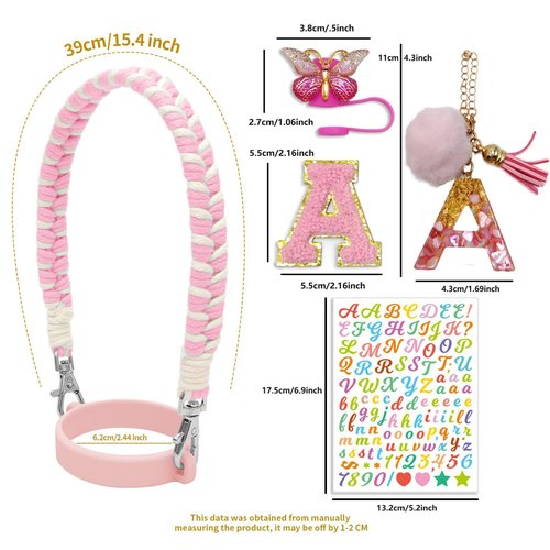 Stanley Cup 30oz & 40oz Water Bottle Accessory Set - Handle Strap, Letter Charms, Sticker & Butterfly Straw Cover Topper (Pink)