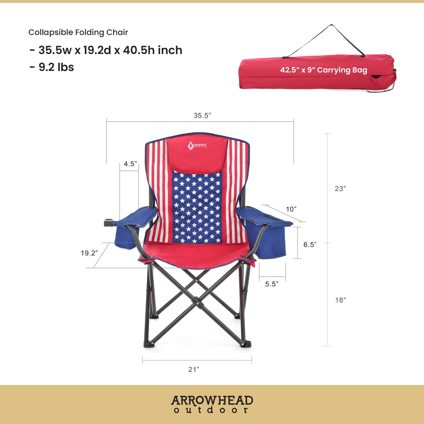 ARROWHEAD OUTDOOR Portable Deluxe Folding Camp Quad Chair w/Headrest, Glass & Cup Holders, Armest 6-can Cooler, Heavy Duty Carry Bag, 550 lbs Weight Capacity