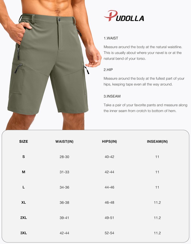 Pudolla Men's Hiking Shorts 11" Lightweight Cargo Work Shorts for Men Summer Travel Golf Casual Outdoor with 5 Pockets(Black X-Large)