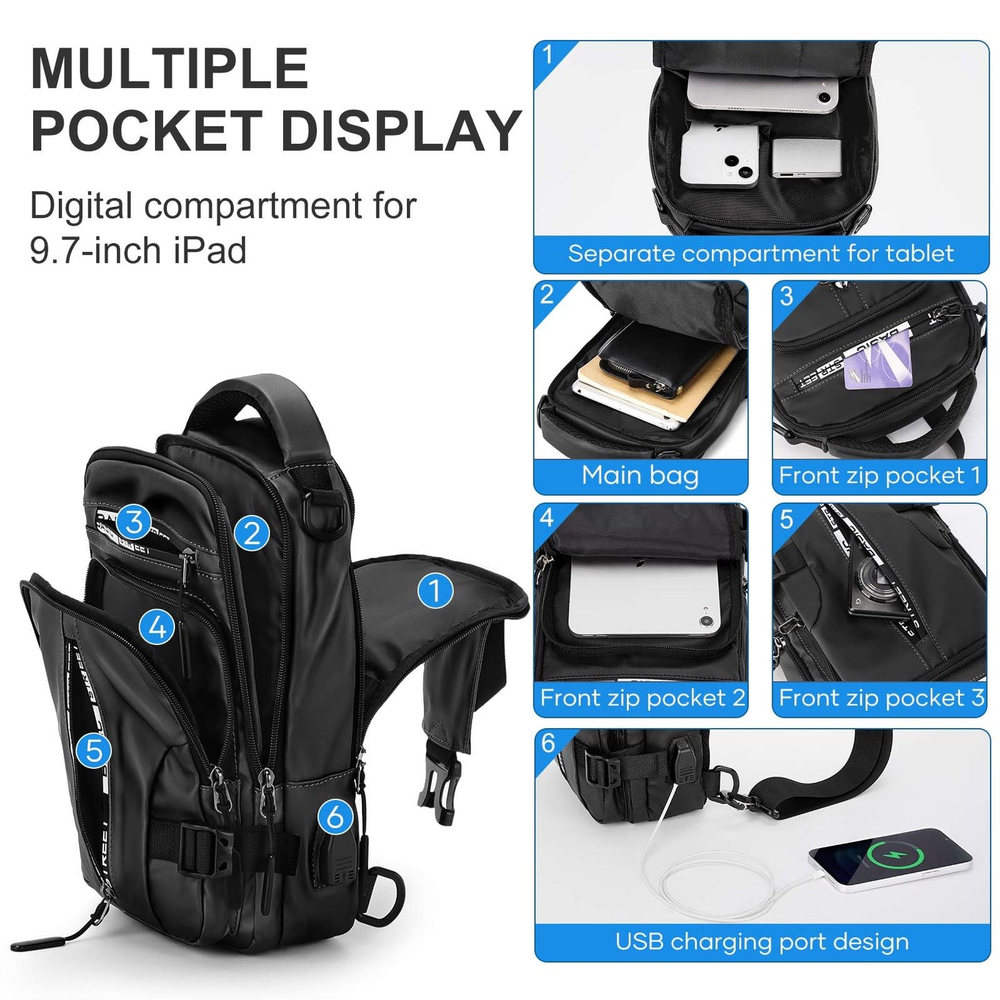 Large Black Sling Bag for Men Women, Mini Anti Theft One Strap Motorcycle Sling Backpack, Small Sling Chest Bag Daypack Crossbody Backpack with Usb Port for Casual Travel Hiking Gym Outdoor Sports