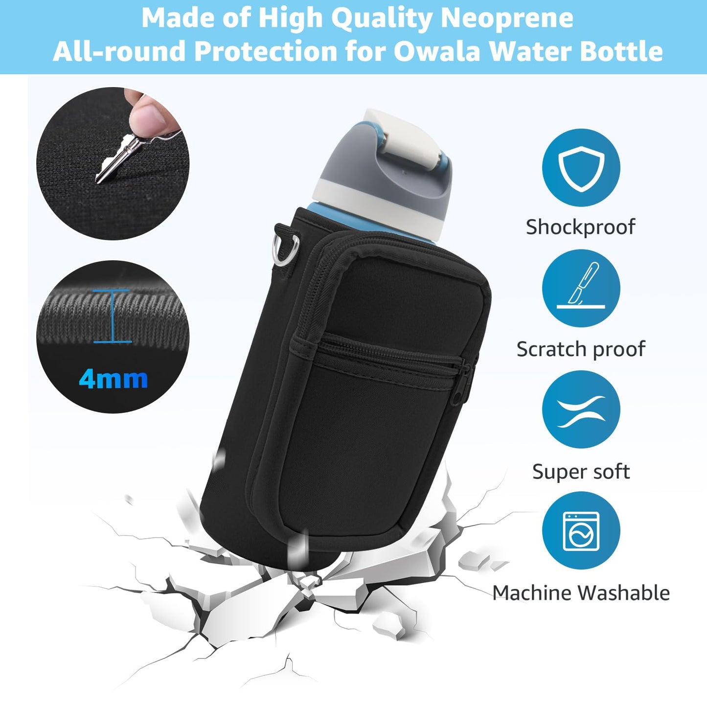 for Owala FreeSip Insulated Stainless Steel Water Bottle Cup Holder Cover Carrier Sling Bag with Strap, Pouch Pocket for Phone/Accessories, add Handle for Owala 40oz (Black-40oz)