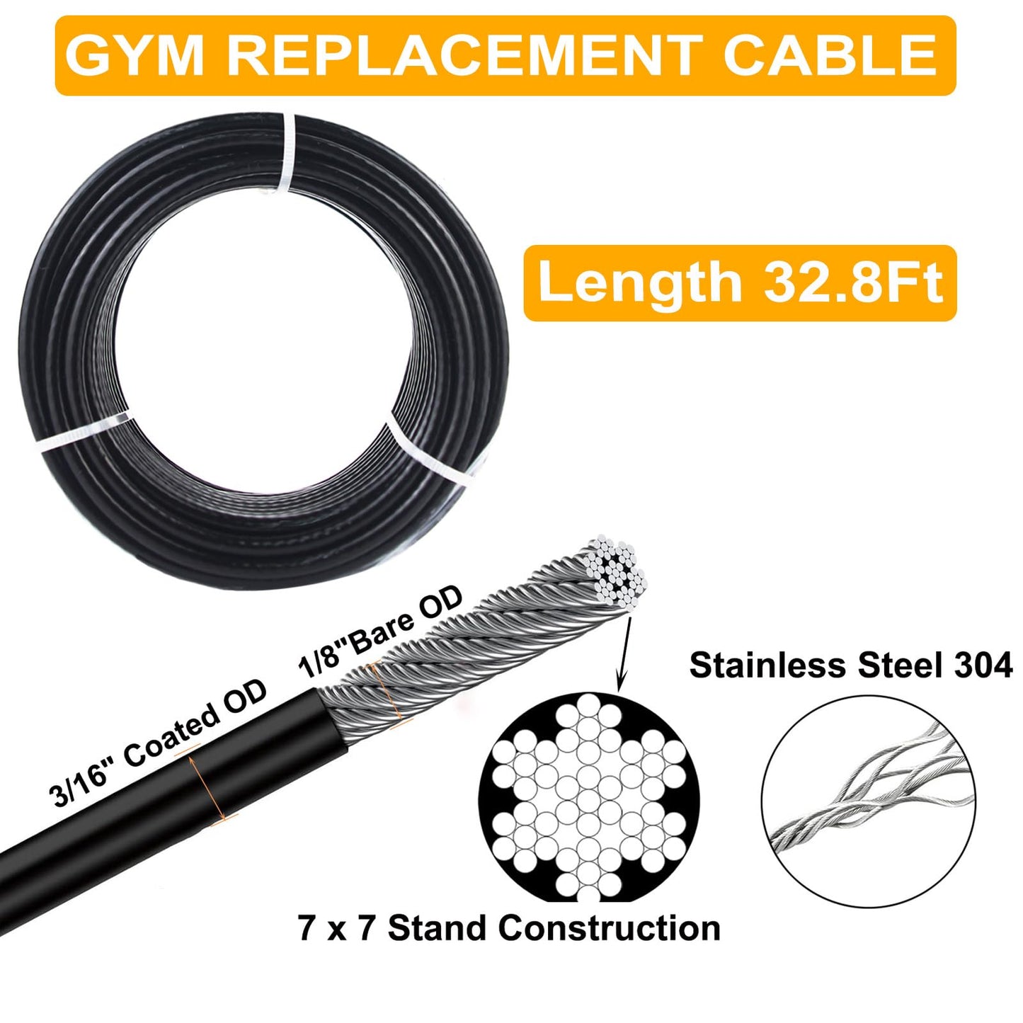 FOLUXING 32.8Ft Fitness Pulley Cable,Replacement Cable Machine Accessories for DIY Home Gym, Gym Cable Replacement,PVC Coated,Thick 3/16"(5mm)