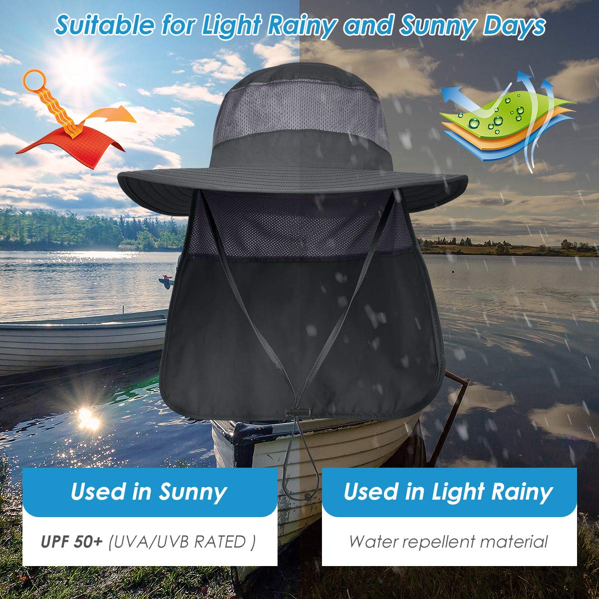 IYEBRAO 3 Pack Mens UV Protection Sun Hat with Neck Flap Summer Foldable Mesh Boonie Cap for Fishing Hiking Garden Work (3 Pack-Dark Grey&Light Grey&Khaki)