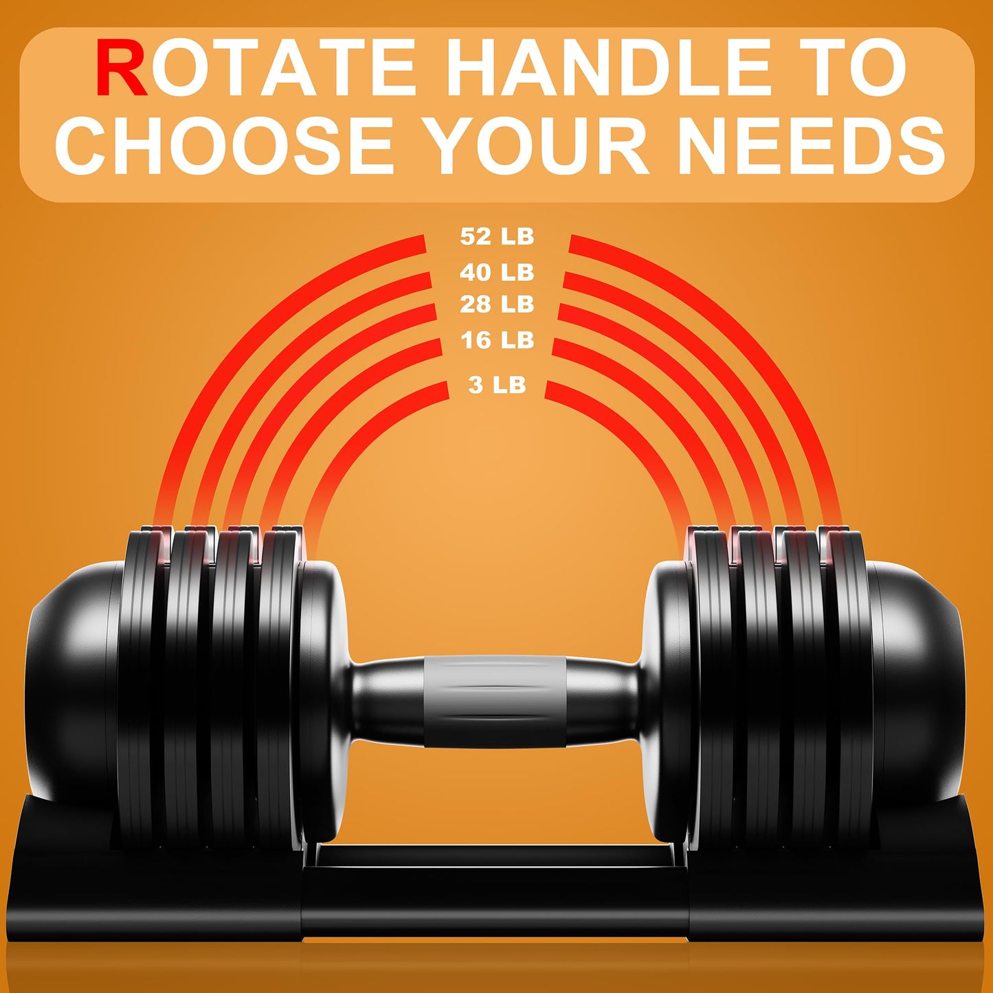 Adjustable Dumbbell Set with Tray - 52lbs, Anti-Slip Handle & Weight Plate for Home Strength Training