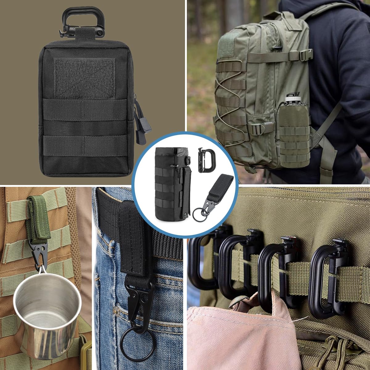 MUCHER 3 Pack Molle Pouches Tactical Pouches EDC Pouch Organizer Molle Bag Utility Pouch with 3 Carabiners and Key Rings for Outdoor Hiking Camping Training