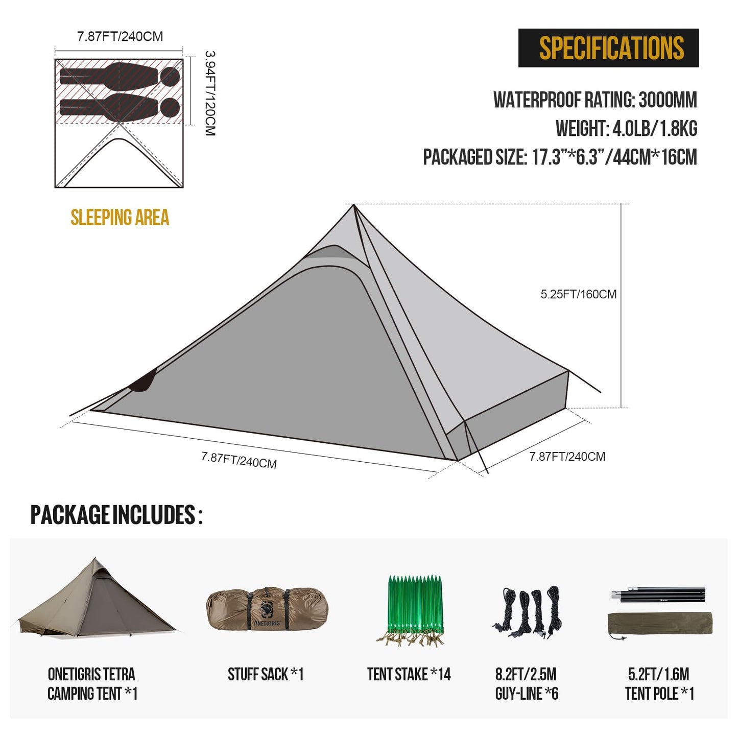 OneTigris Tetra Ultralight Tent Tipi 1-2 Person, Trekking Pole Tent, Waterproof 3 Season, Ideal for Camping Hiking Backpacking Bushcraft (160cm Version-Coyote Brown)